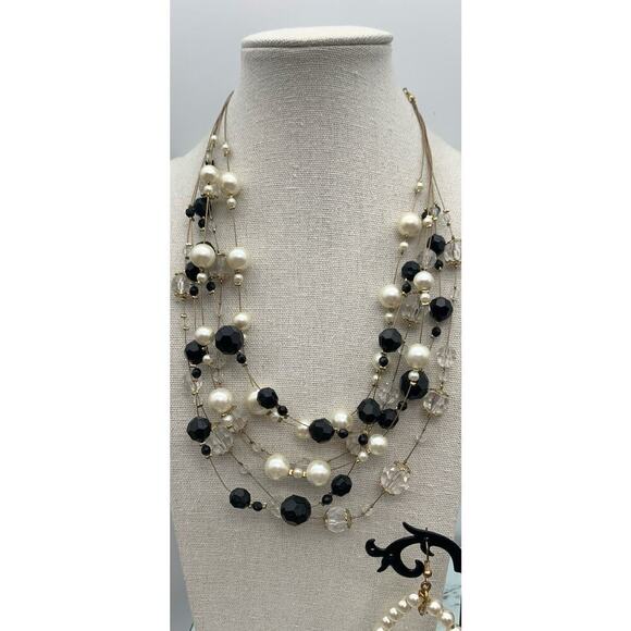 Multi Layered Faux Pearl And Black Beaded Wire Necklace And Faux Pearl Earrings - Picture 2 of 5